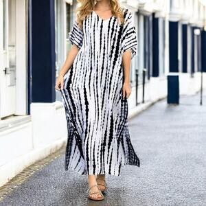 Blue + White Tie-dye Style Linen Blend Caftan One Size Lounge Cover Mrs. Roper